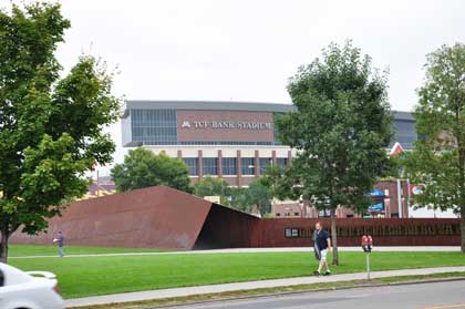 TCF Bank Stadium, as seen from the sidewalk outside Sally's Saloon.