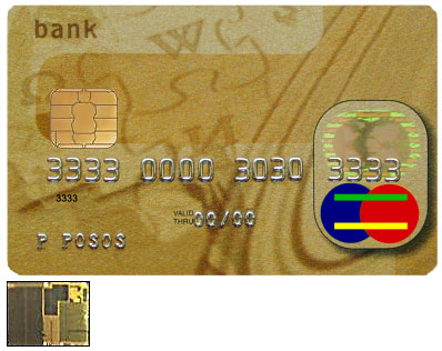 An EMV "smart card", with a closeup of the chip.